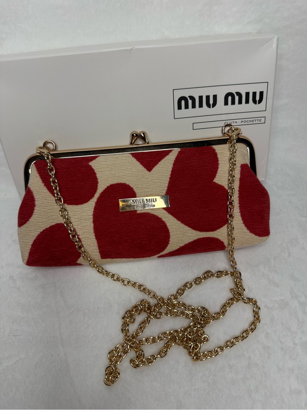 Miu Miu Red Heart Pattern Gold-Chain Clutch